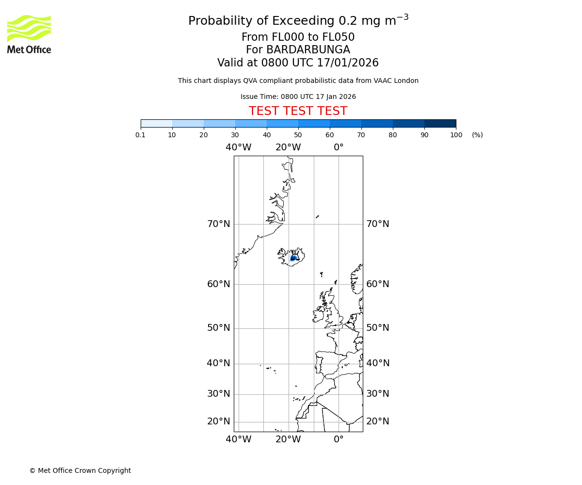 Probability of exceeding 0.2 milligrams per metre cubed. From 000 to 050 for BARDARBUNGA. Valid at 0800 UTC 17/01/2026
