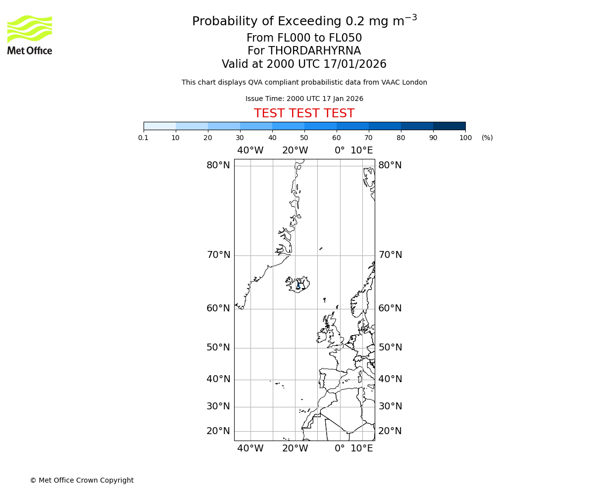 Probability of exceeding 0.2 milligrams per metre cubed. From 000 to 050 for THORDARHYRNA. Valid at 2000 UTC 17/01/2026