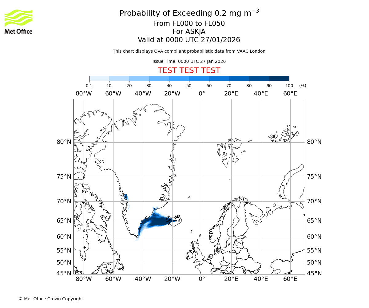 Probability of exceeding 0.2 milligrams per metre cubed. From 000 to 050 for ASKJA. Valid at 0000 UTC 27/01/2026