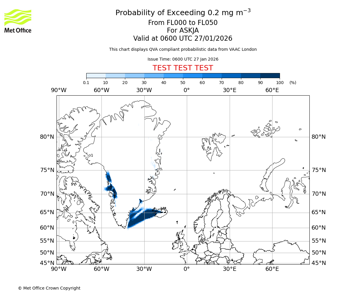 Probability of exceeding 0.2 milligrams per metre cubed. From 000 to 050 for ASKJA. Valid at 0600 UTC 27/01/2026
