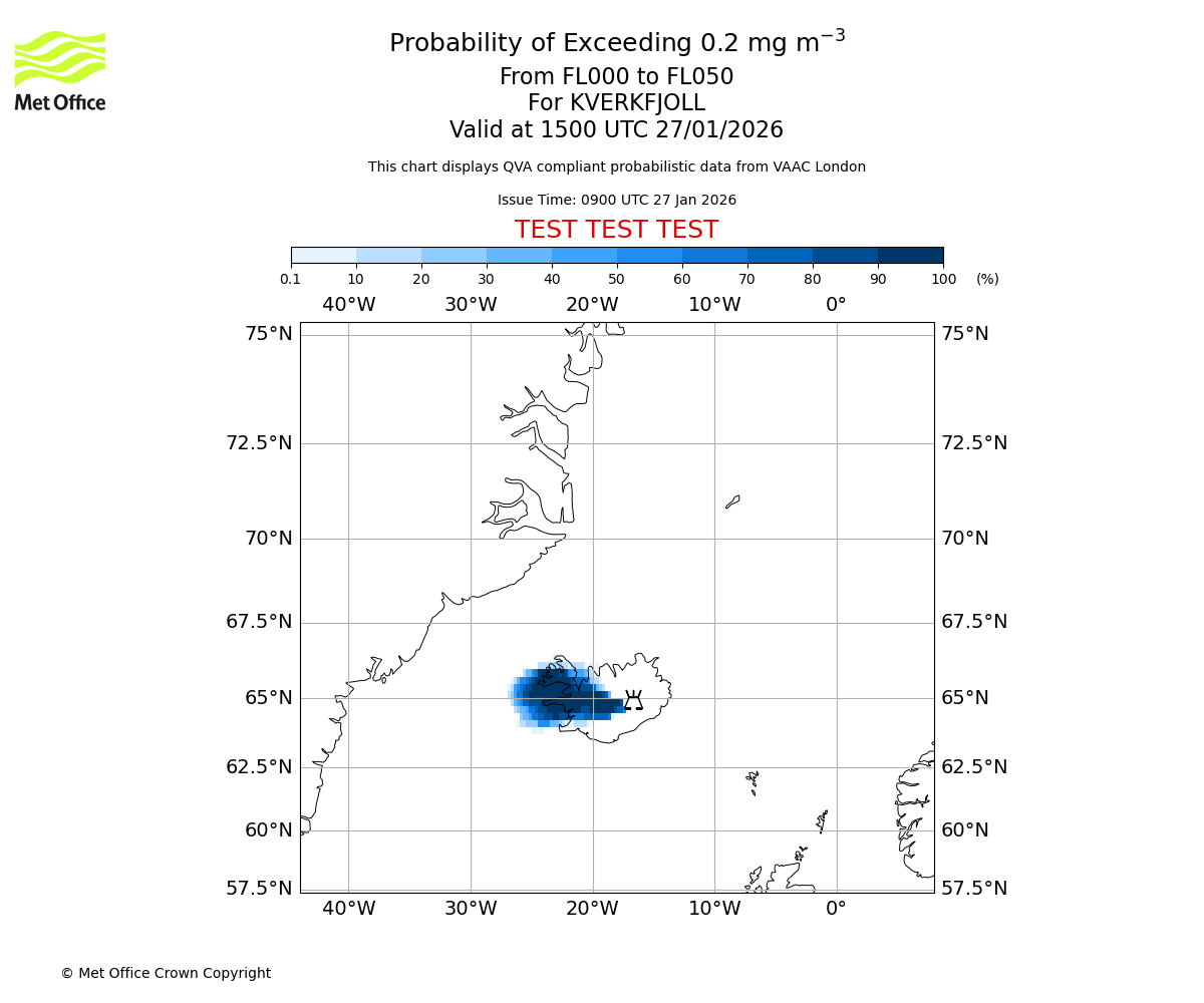 Probability of exceeding 0.2 milligrams per metre cubed. From 000 to 050 for KVERKFJOLL. Valid at 1500 UTC 27/01/2026