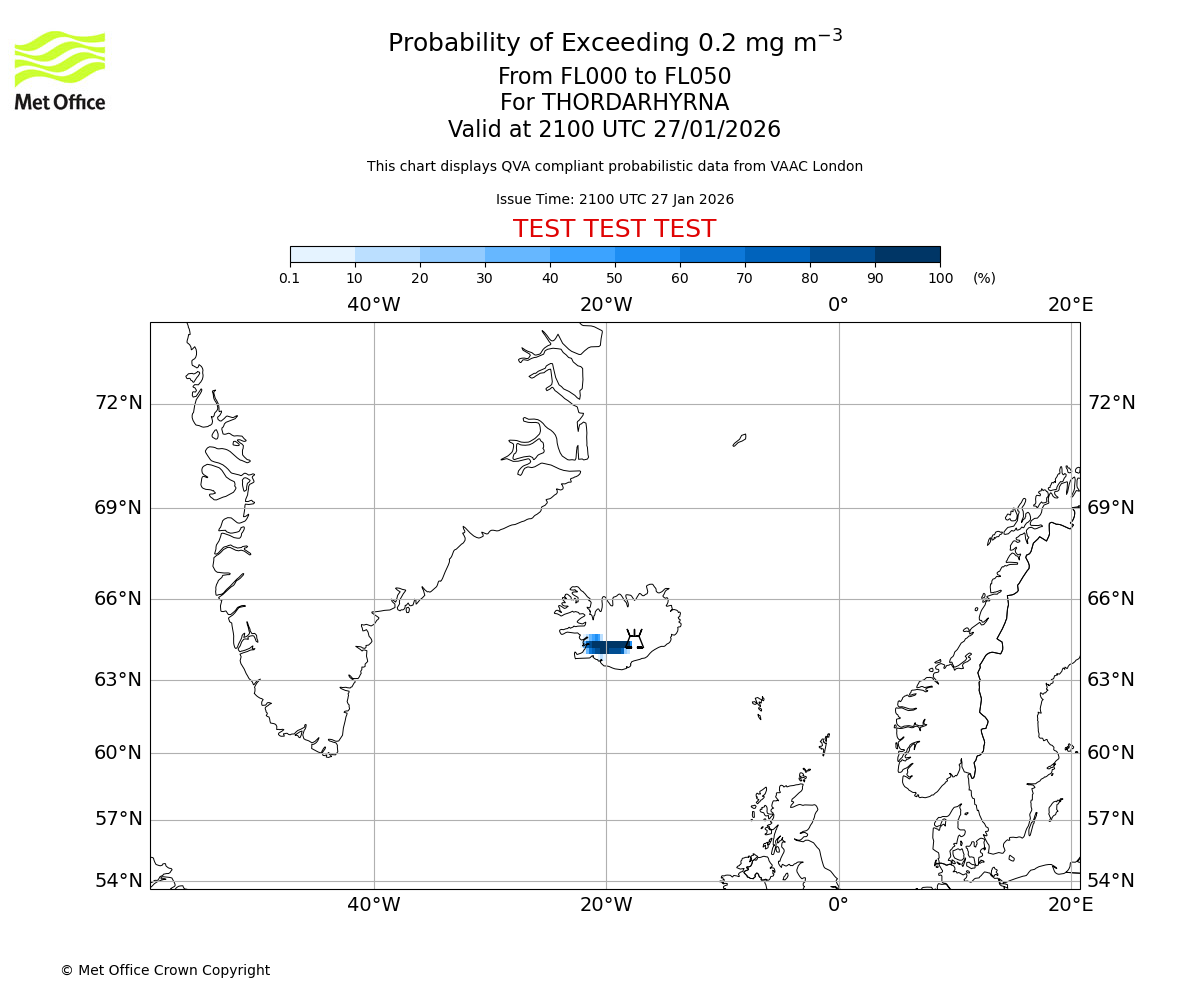 Probability of exceeding 0.2 milligrams per metre cubed. From 000 to 050 for THORDARHYRNA. Valid at 2100 UTC 27/01/2026