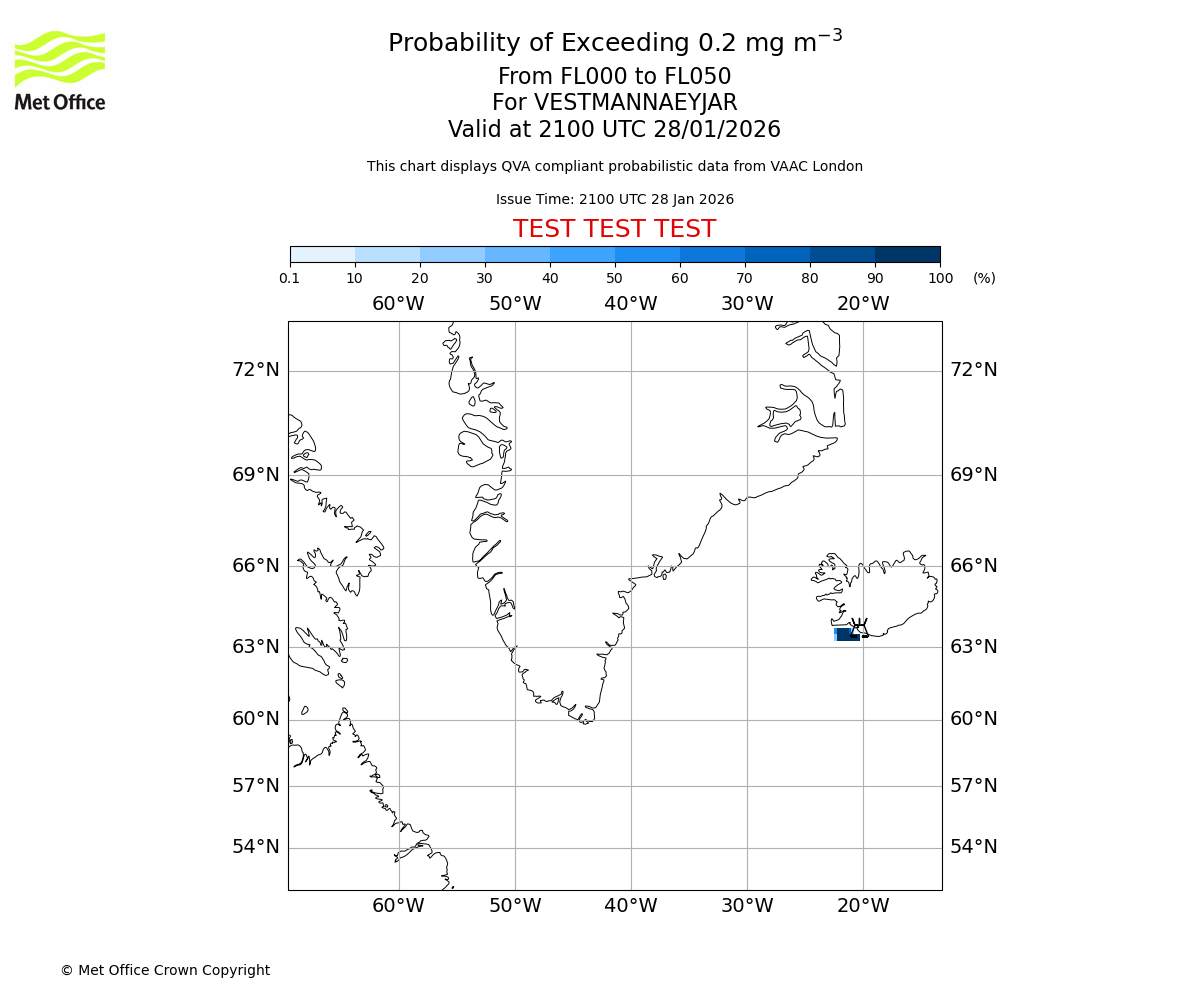 Probability of exceeding 0.2 milligrams per metre cubed. From 000 to 050 for VESTMANNAEYJAR. Valid at 2100 UTC 28/01/2026