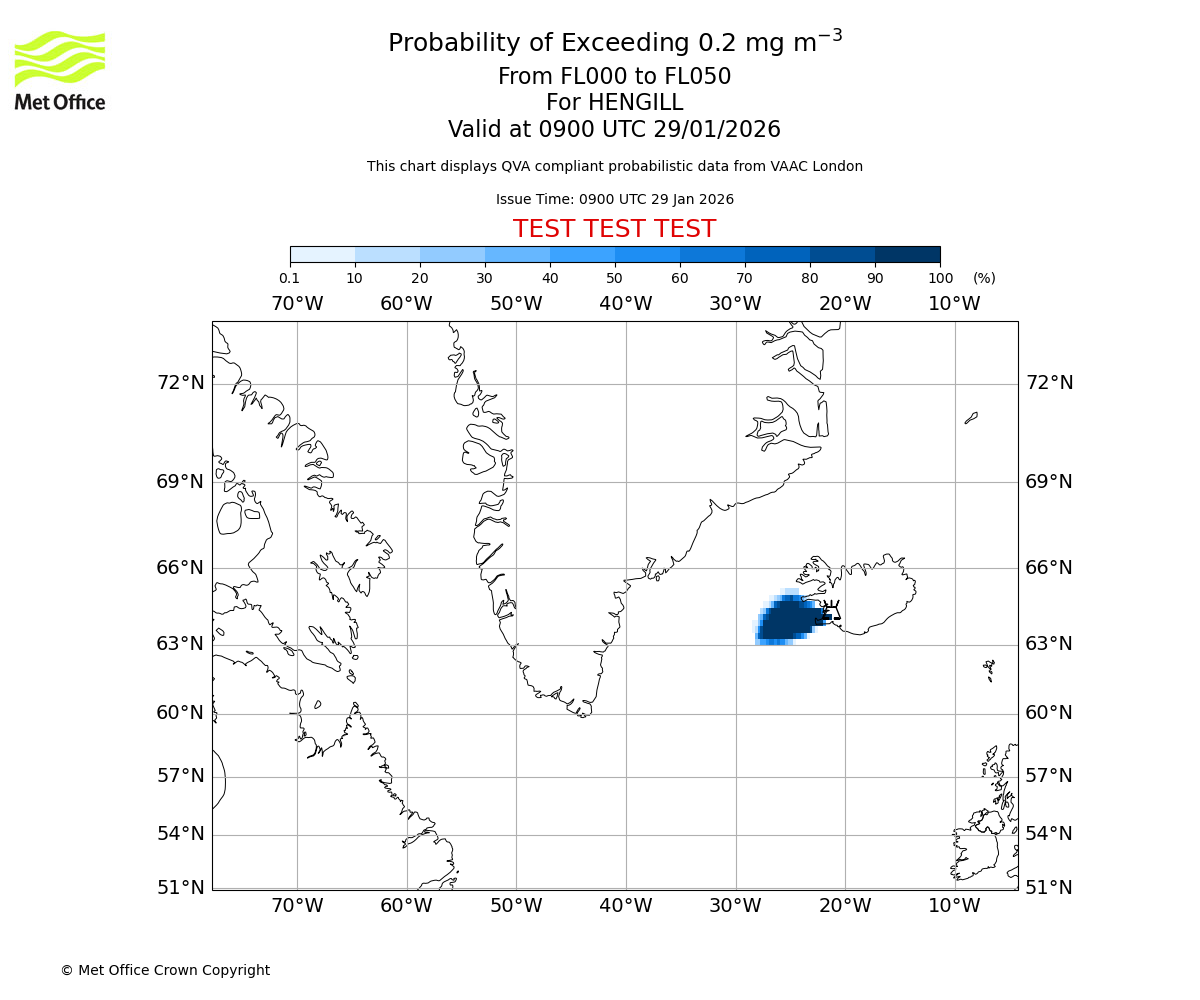 Probability of exceeding 0.2 milligrams per metre cubed. From 000 to 050 for HENGILL. Valid at 0900 UTC 29/01/2026