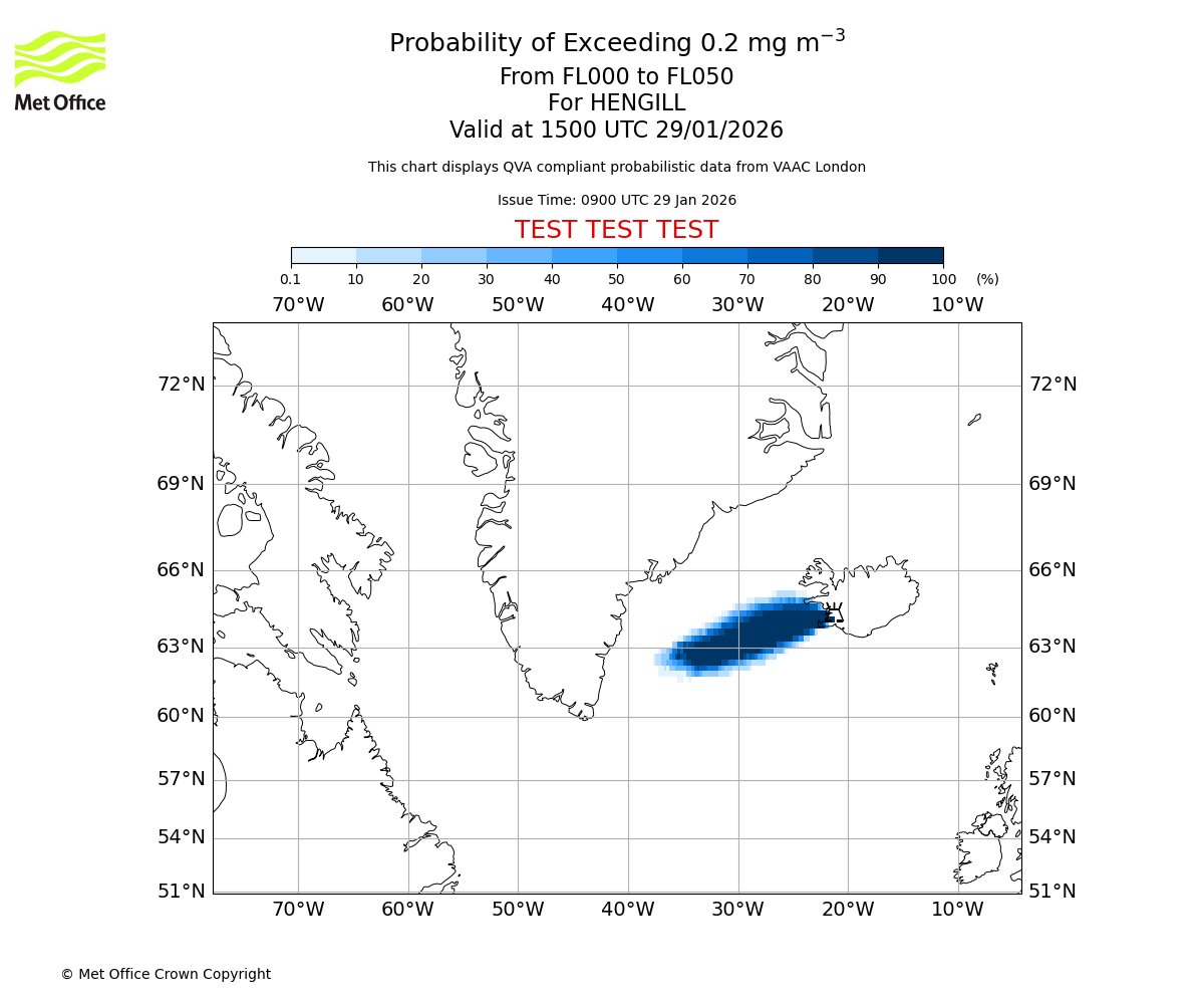 Probability of exceeding 0.2 milligrams per metre cubed. From 000 to 050 for HENGILL. Valid at 1500 UTC 29/01/2026