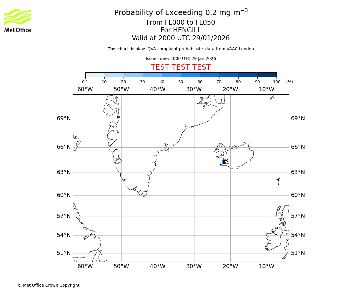 Probability of exceeding 0.2 milligrams per metre cubed. From 000 to 050 for HENGILL. Valid at 2000 UTC 29/01/2026