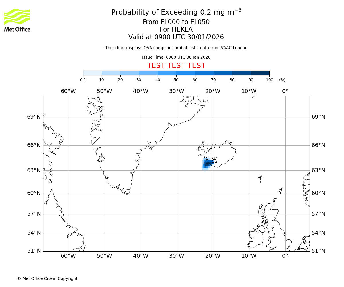 Probability of exceeding 0.2 milligrams per metre cubed. From 000 to 050 for HEKLA. Valid at 0900 UTC 30/01/2026