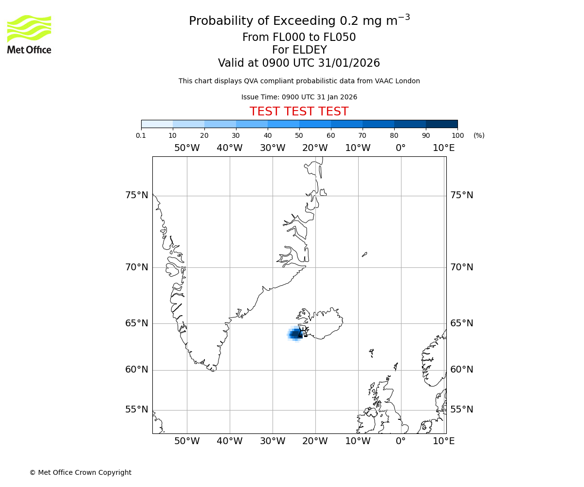 Probability of exceeding 0.2 milligrams per metre cubed. From 000 to 050 for ELDEY. Valid at 0900 UTC 31/01/2026