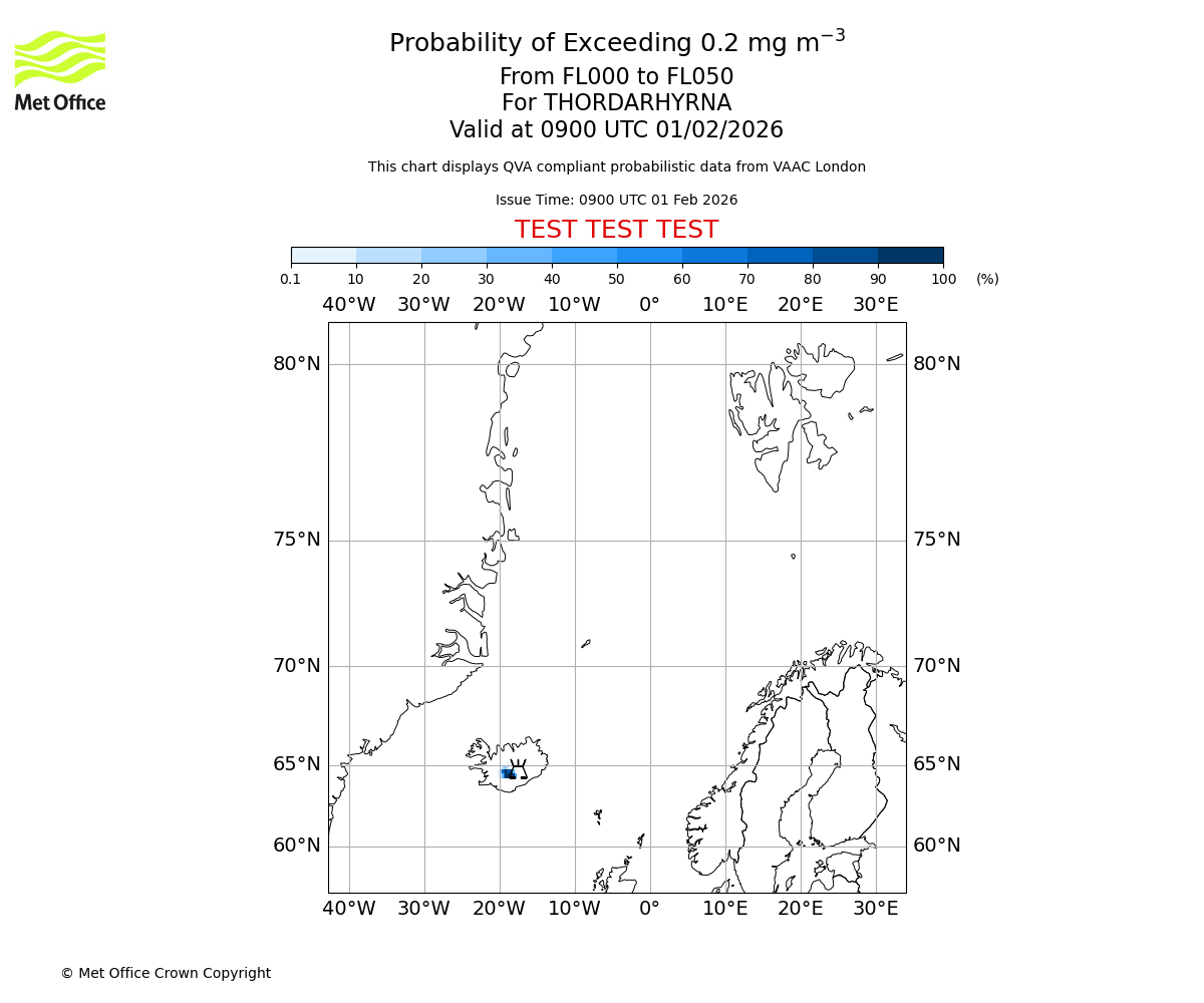 Probability of exceeding 0.2 milligrams per metre cubed. From 000 to 050 for THORDARHYRNA. Valid at 0900 UTC 01/02/2026