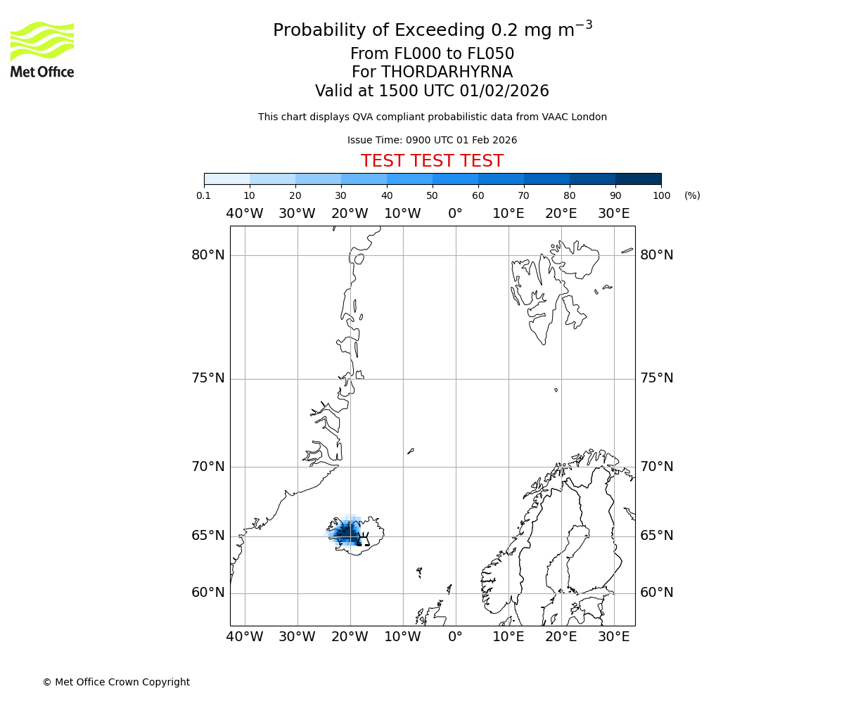 Probability of exceeding 0.2 milligrams per metre cubed. From 000 to 050 for THORDARHYRNA. Valid at 1500 UTC 01/02/2026