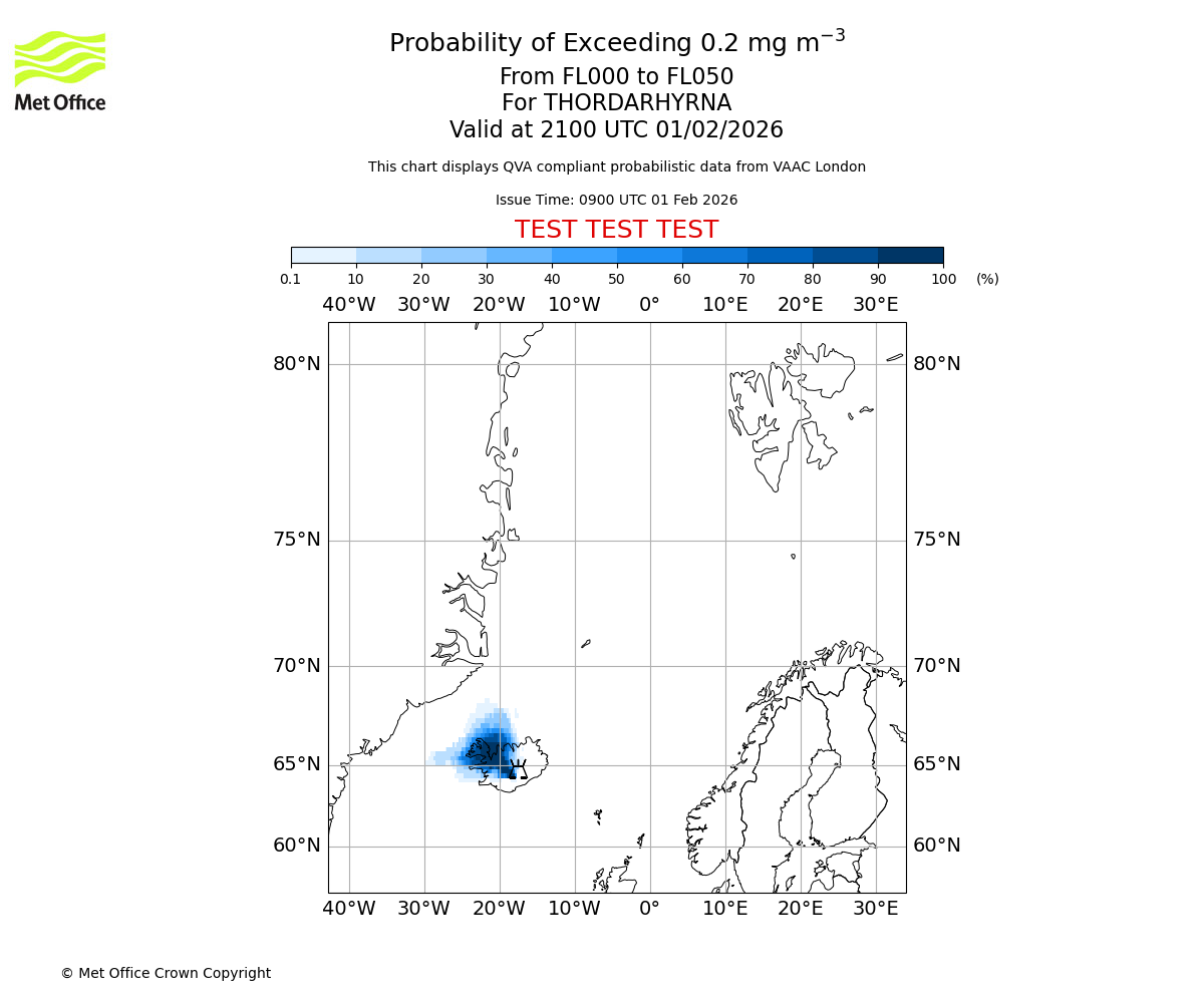 Probability of exceeding 0.2 milligrams per metre cubed. From 000 to 050 for THORDARHYRNA. Valid at 2100 UTC 01/02/2026