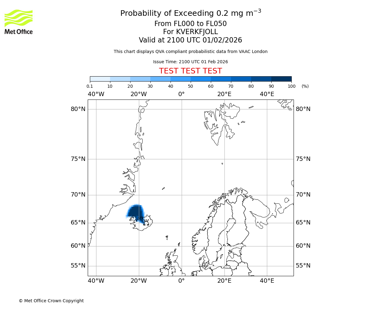 Probability of exceeding 0.2 milligrams per metre cubed. From 000 to 050 for KVERKFJOLL. Valid at 2100 UTC 01/02/2026