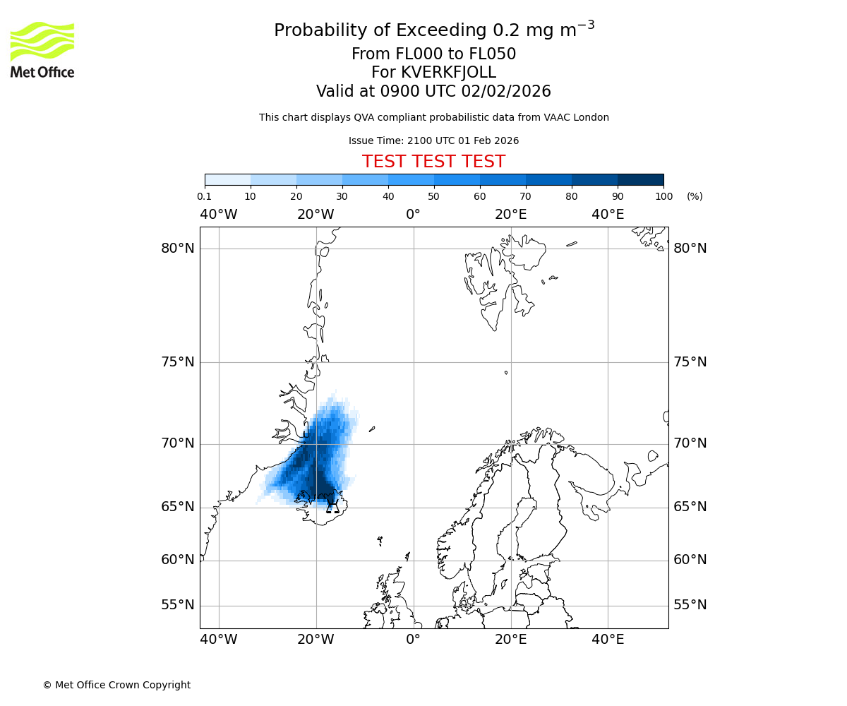 Probability of exceeding 0.2 milligrams per metre cubed. From 000 to 050 for KVERKFJOLL. Valid at 0900 UTC 02/02/2026