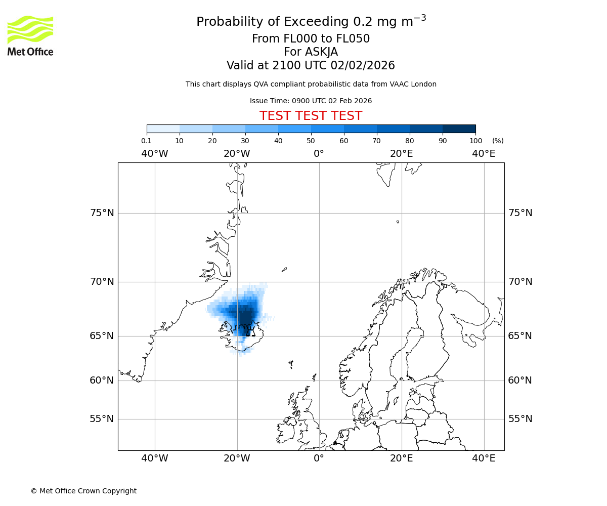 Probability of exceeding 0.2 milligrams per metre cubed. From 000 to 050 for ASKJA. Valid at 2100 UTC 02/02/2026