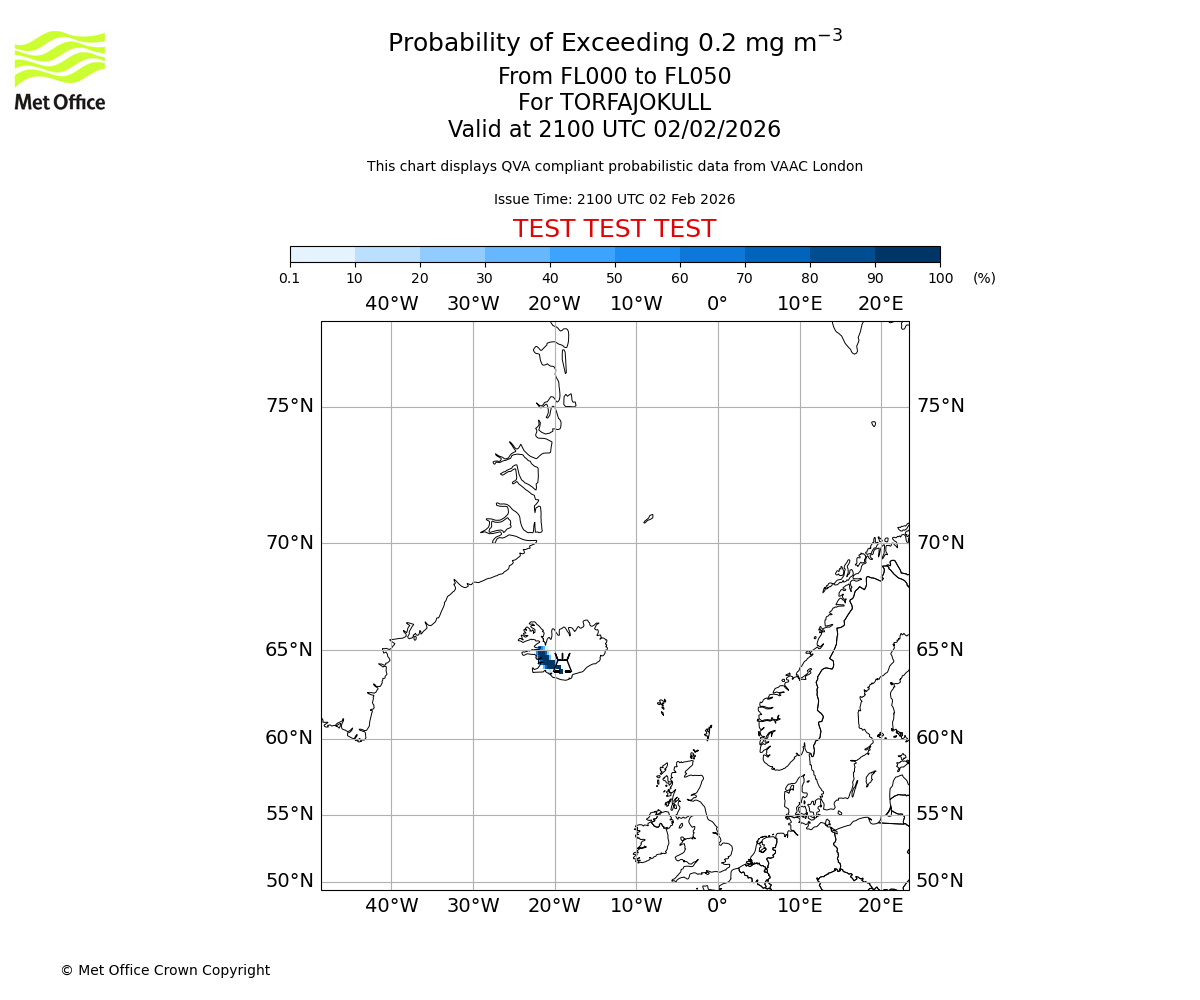 Probability of exceeding 0.2 milligrams per metre cubed. From 000 to 050 for TORFAJOKULL. Valid at 2100 UTC 02/02/2026