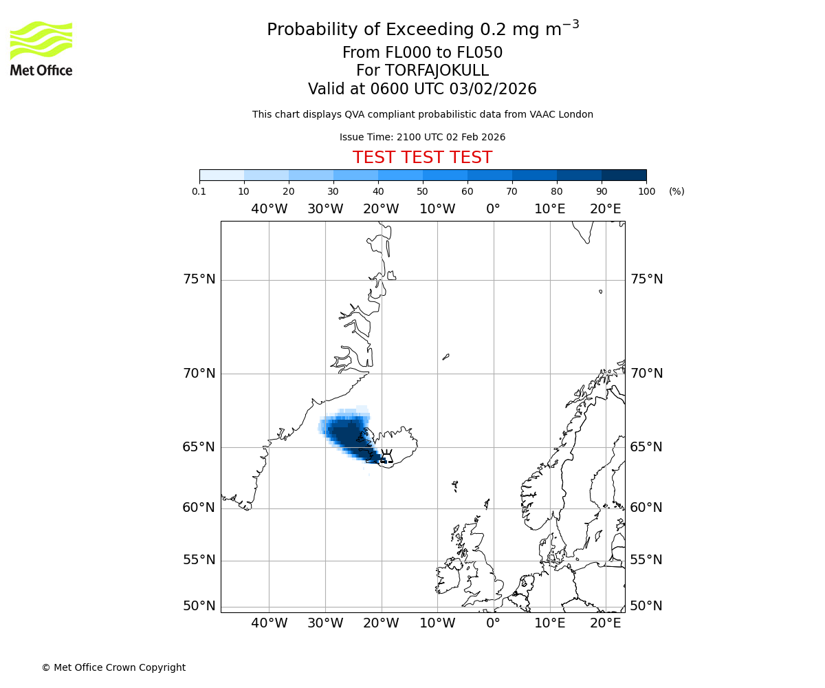 Probability of exceeding 0.2 milligrams per metre cubed. From 000 to 050 for TORFAJOKULL. Valid at 0600 UTC 03/02/2026