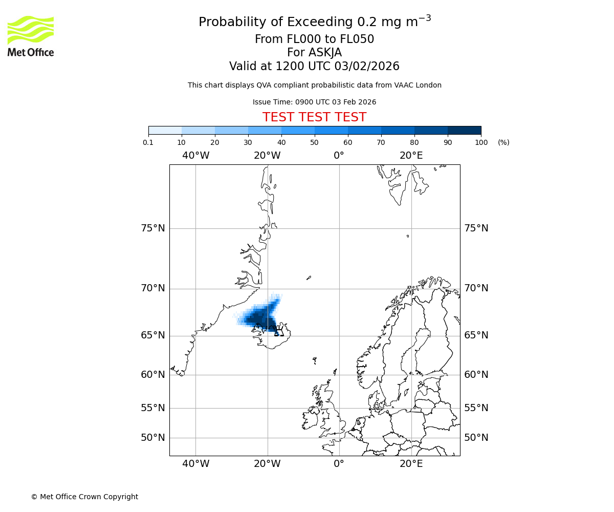 Probability of exceeding 0.2 milligrams per metre cubed. From 000 to 050 for ASKJA. Valid at 1200 UTC 03/02/2026