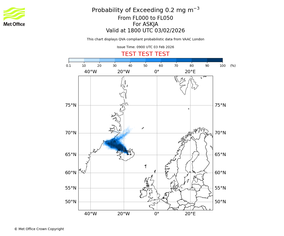 Probability of exceeding 0.2 milligrams per metre cubed. From 000 to 050 for ASKJA. Valid at 1800 UTC 03/02/2026