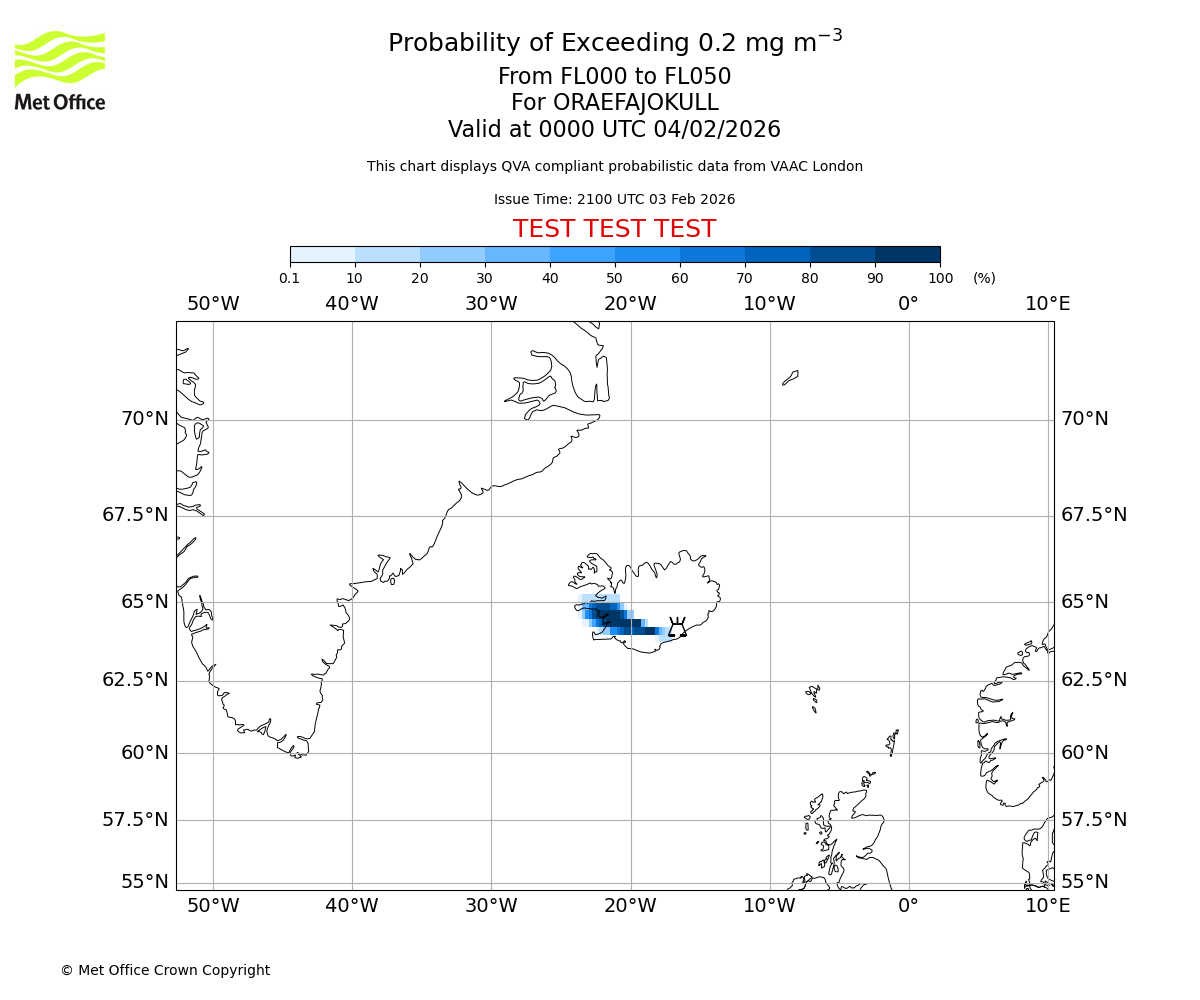 Probability of exceeding 0.2 milligrams per metre cubed. From 000 to 050 for ORAEFAJOKULL. Valid at 0000 UTC 04/02/2026
