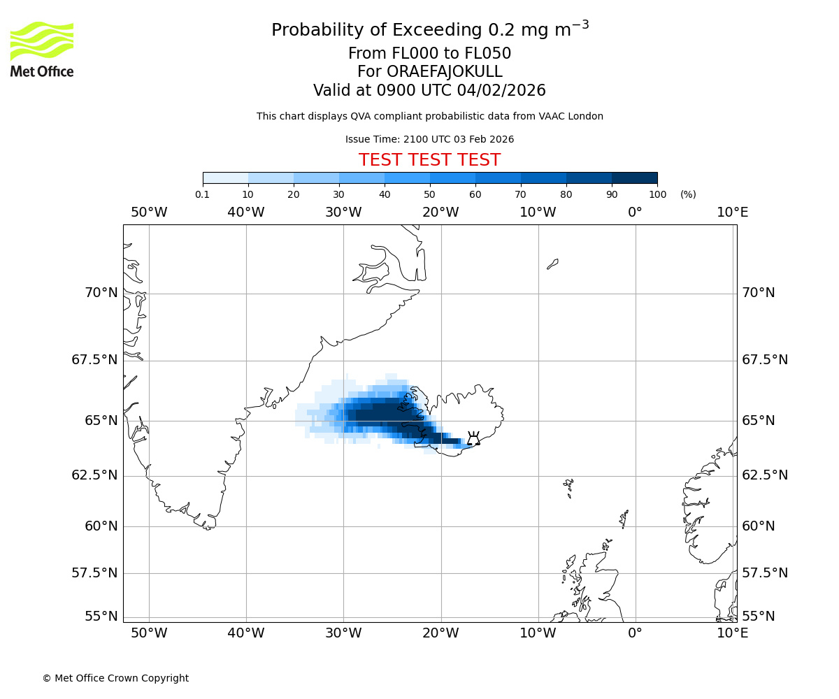 Probability of exceeding 0.2 milligrams per metre cubed. From 000 to 050 for ORAEFAJOKULL. Valid at 0900 UTC 04/02/2026