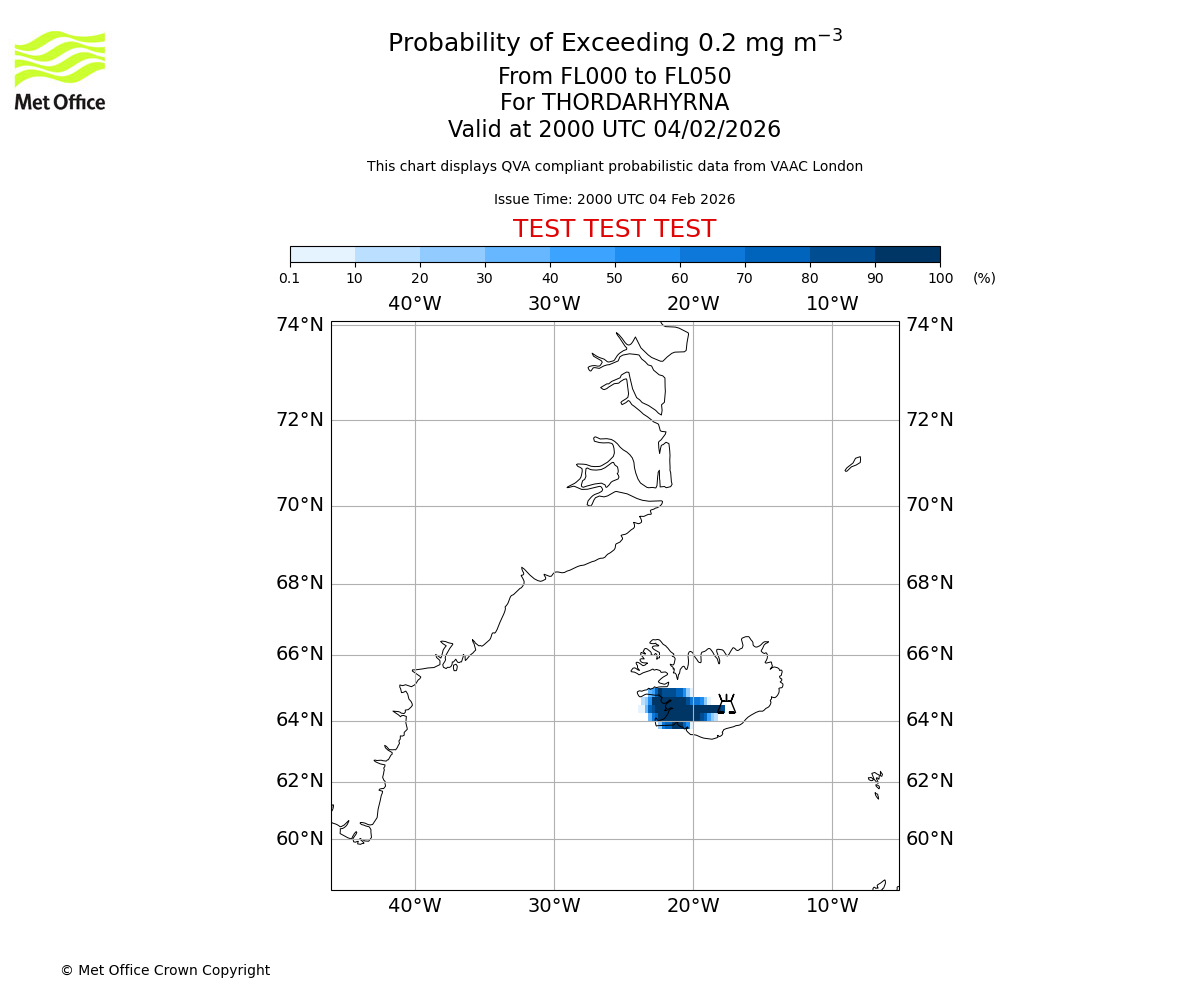 Probability of exceeding 0.2 milligrams per metre cubed. From 000 to 050 for THORDARHYRNA. Valid at 2000 UTC 04/02/2026