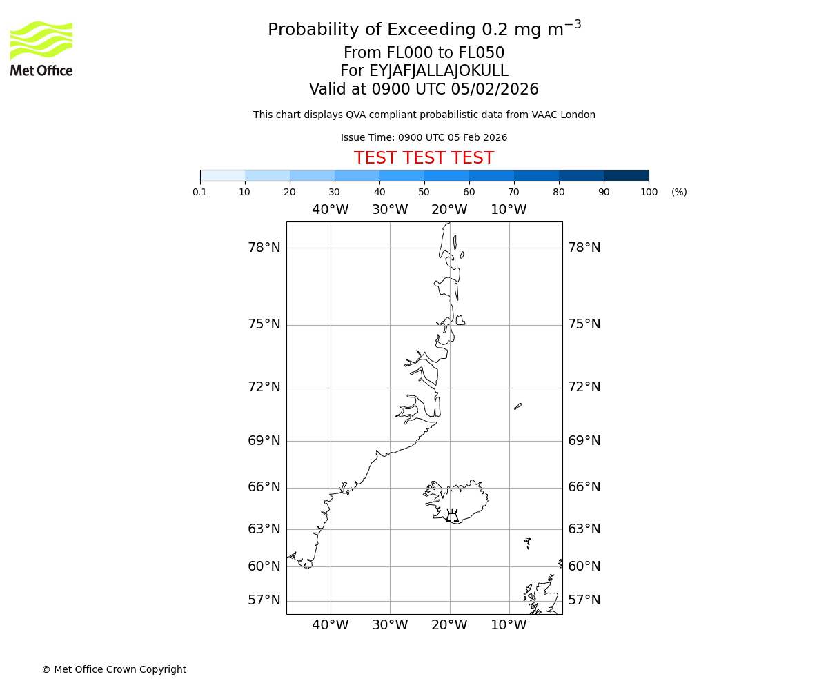 Probability of exceeding 0.2 milligrams per metre cubed. From 000 to 050 for EYJAFJALLAJOKULL. Valid at 0900 UTC 05/02/2026