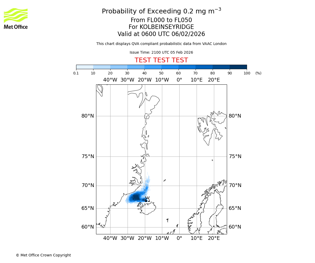 Probability of exceeding 0.2 milligrams per metre cubed. From 000 to 050 for KOLBEINSEYRIDGE. Valid at 0600 UTC 06/02/2026