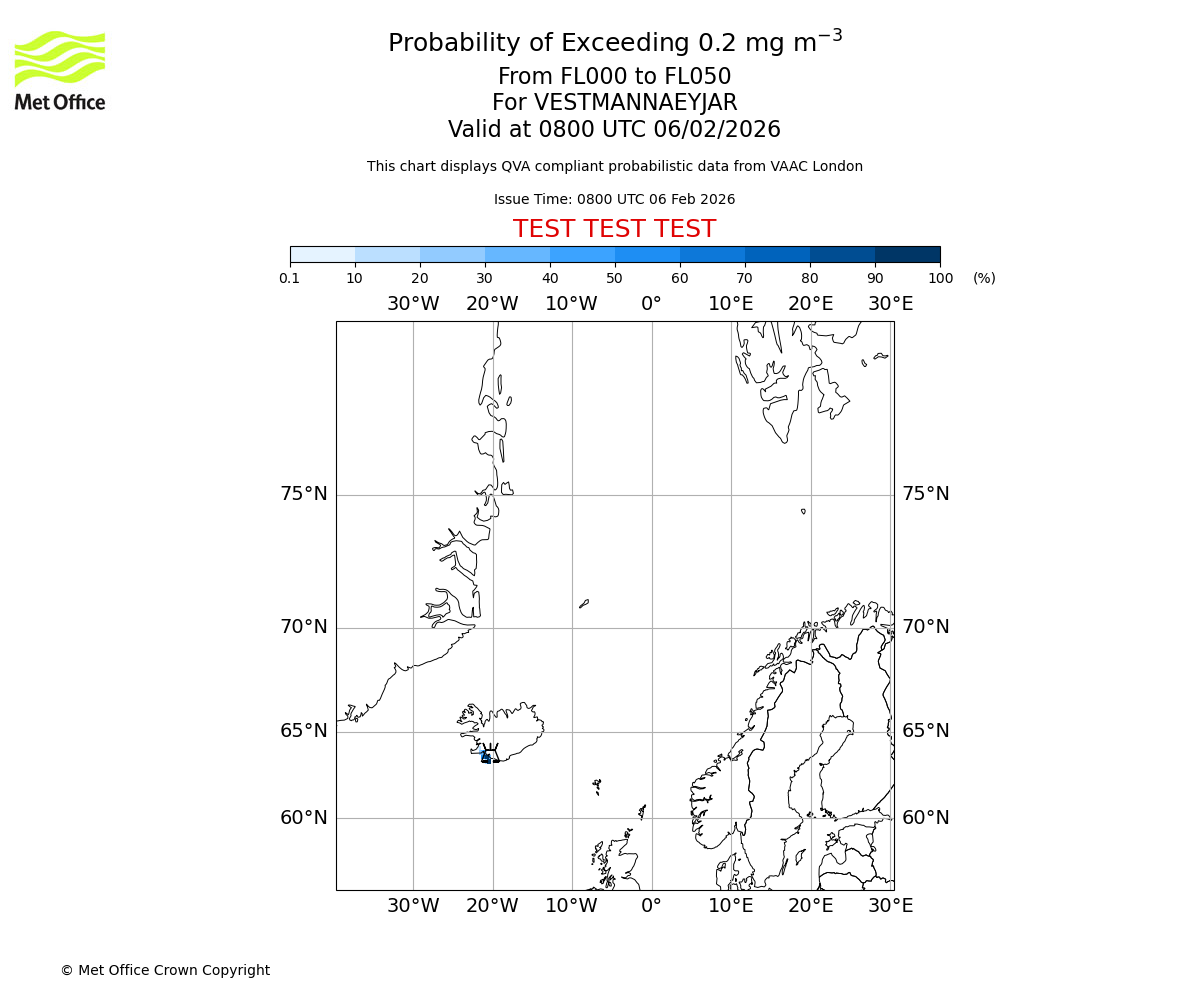 Probability of exceeding 0.2 milligrams per metre cubed. From 000 to 050 for VESTMANNAEYJAR. Valid at 0800 UTC 06/02/2026