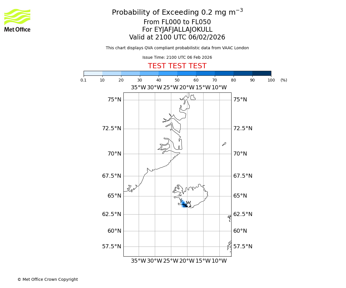 Probability of exceeding 0.2 milligrams per metre cubed. From 000 to 050 for EYJAFJALLAJOKULL. Valid at 2100 UTC 06/02/2026