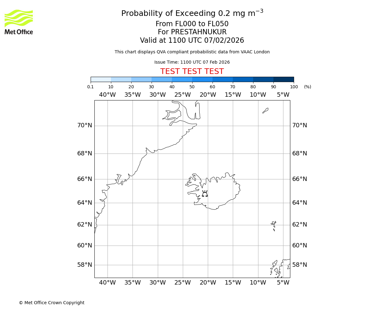 Probability of exceeding 0.2 milligrams per metre cubed. From 000 to 050 for PRESTAHNUKUR. Valid at 1100 UTC 07/02/2026