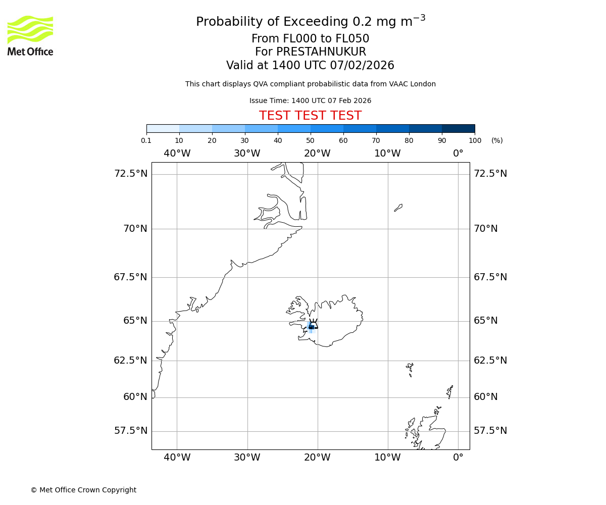 Probability of exceeding 0.2 milligrams per metre cubed. From 000 to 050 for PRESTAHNUKUR. Valid at 1400 UTC 07/02/2026