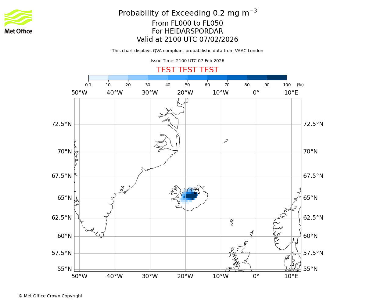 Probability of exceeding 0.2 milligrams per metre cubed. From 000 to 050 for HEIDARSPORDAR. Valid at 2100 UTC 07/02/2026