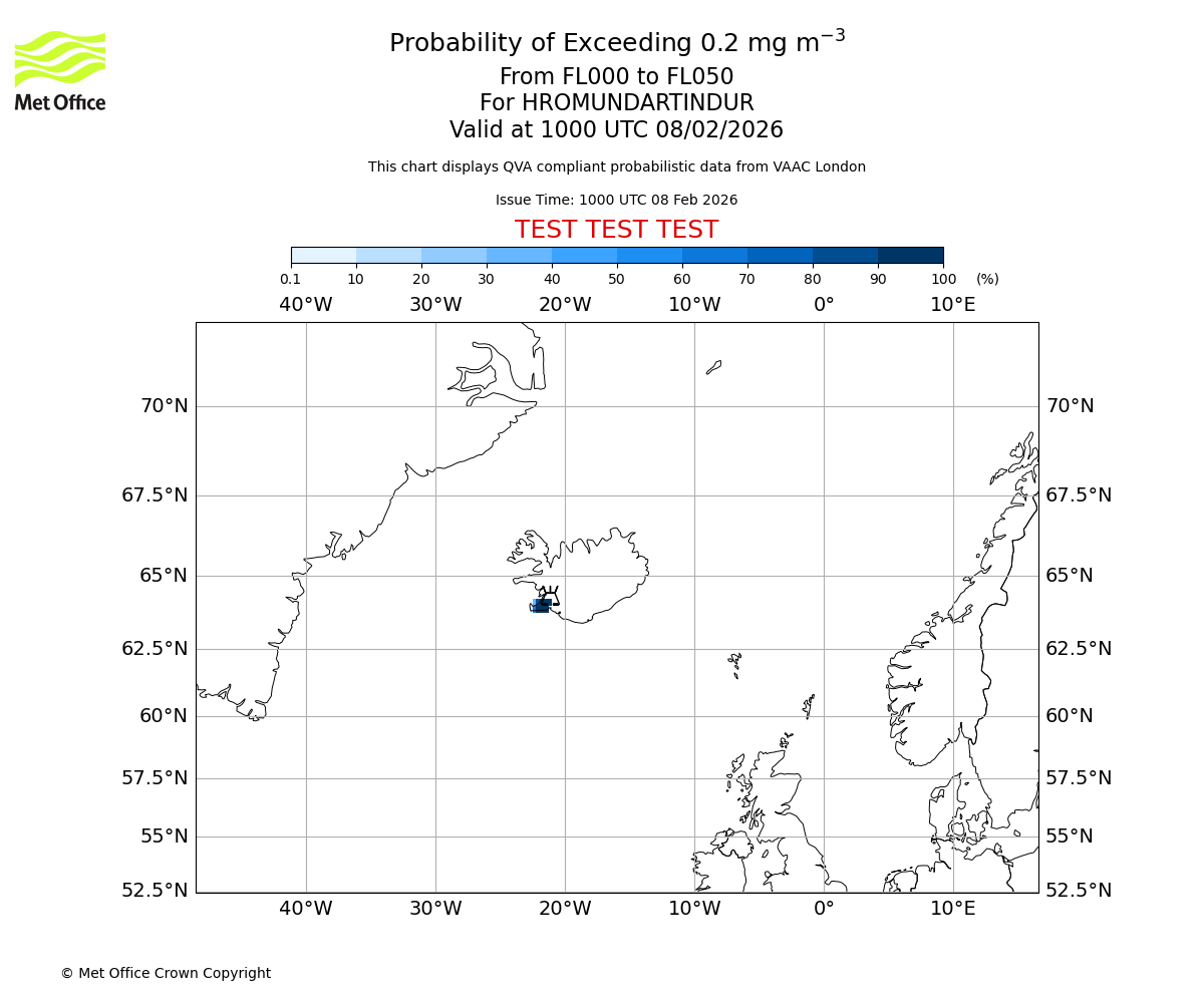 Probability of exceeding 0.2 milligrams per metre cubed. From 000 to 050 for HROMUNDARTINDUR. Valid at 1000 UTC 08/02/2026