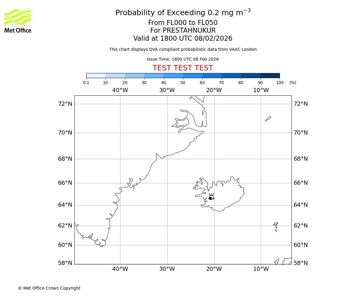 Probability of exceeding 0.2 milligrams per metre cubed. From 000 to 050 for PRESTAHNUKUR. Valid at 1800 UTC 08/02/2026
