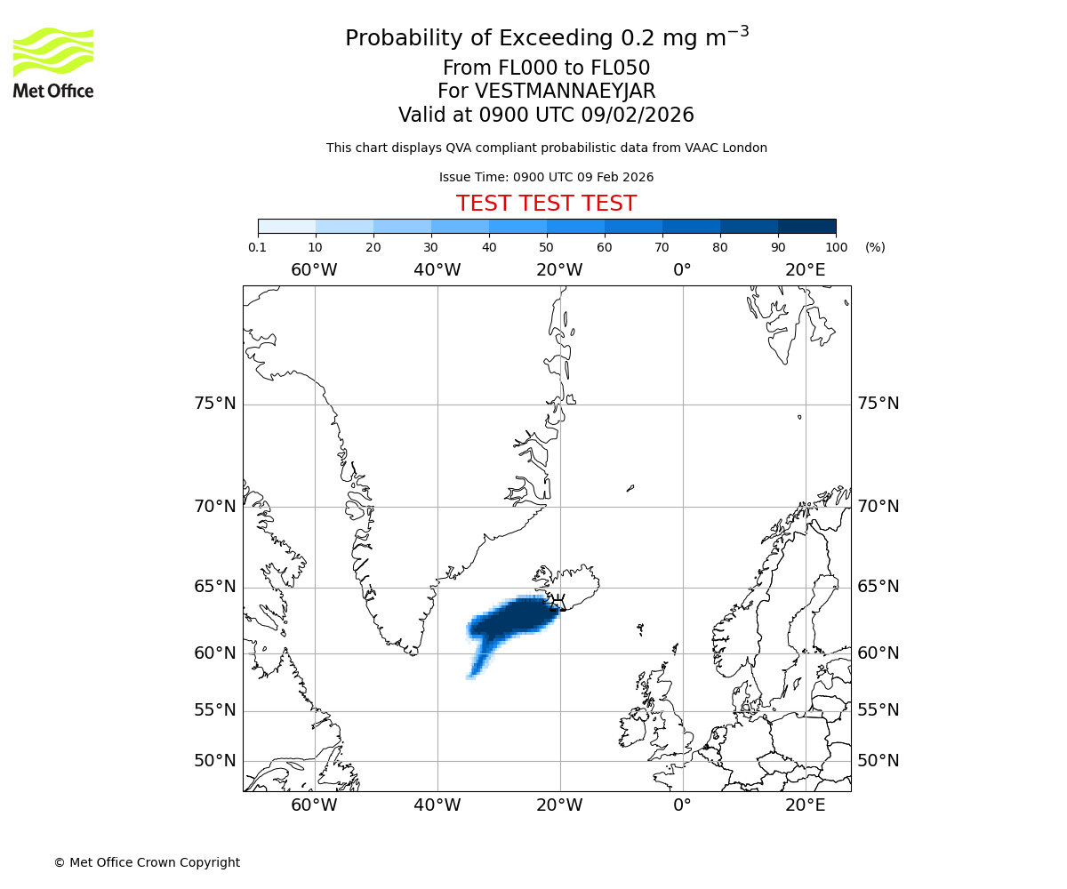Probability of exceeding 0.2 milligrams per metre cubed. From 000 to 050 for VESTMANNAEYJAR. Valid at 0900 UTC 09/02/2026