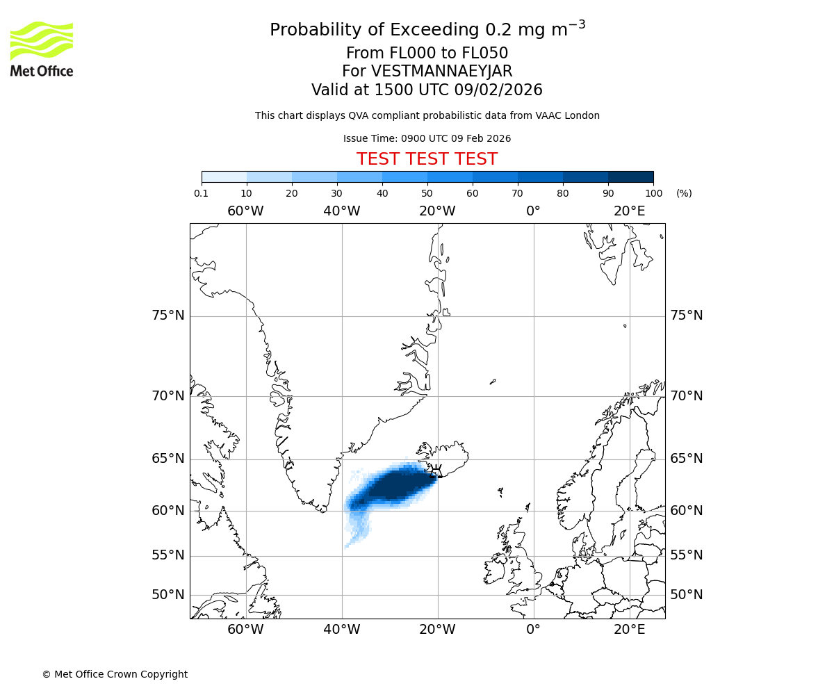 Probability of exceeding 0.2 milligrams per metre cubed. From 000 to 050 for VESTMANNAEYJAR. Valid at 1500 UTC 09/02/2026