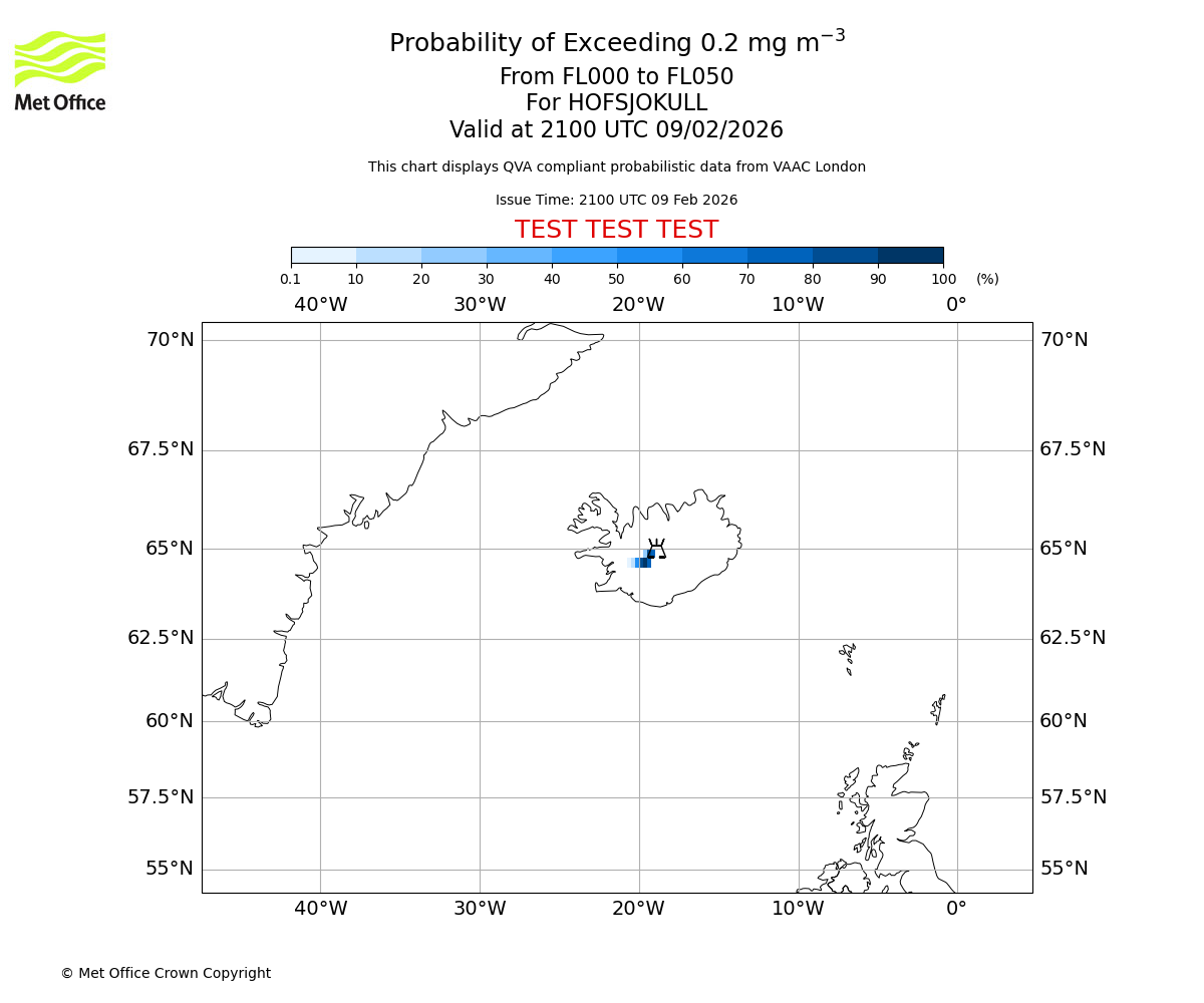 Probability of exceeding 0.2 milligrams per metre cubed. From 000 to 050 for HOFSJOKULL. Valid at 2100 UTC 09/02/2026
