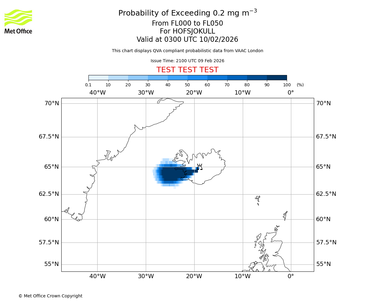 Probability of exceeding 0.2 milligrams per metre cubed. From 000 to 050 for HOFSJOKULL. Valid at 0300 UTC 10/02/2026