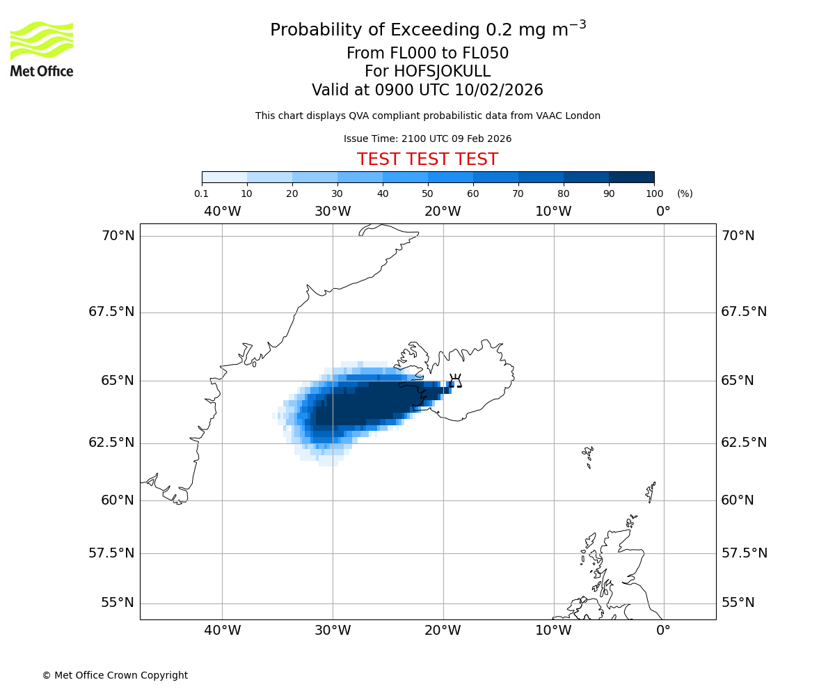 Probability of exceeding 0.2 milligrams per metre cubed. From 000 to 050 for HOFSJOKULL. Valid at 0900 UTC 10/02/2026