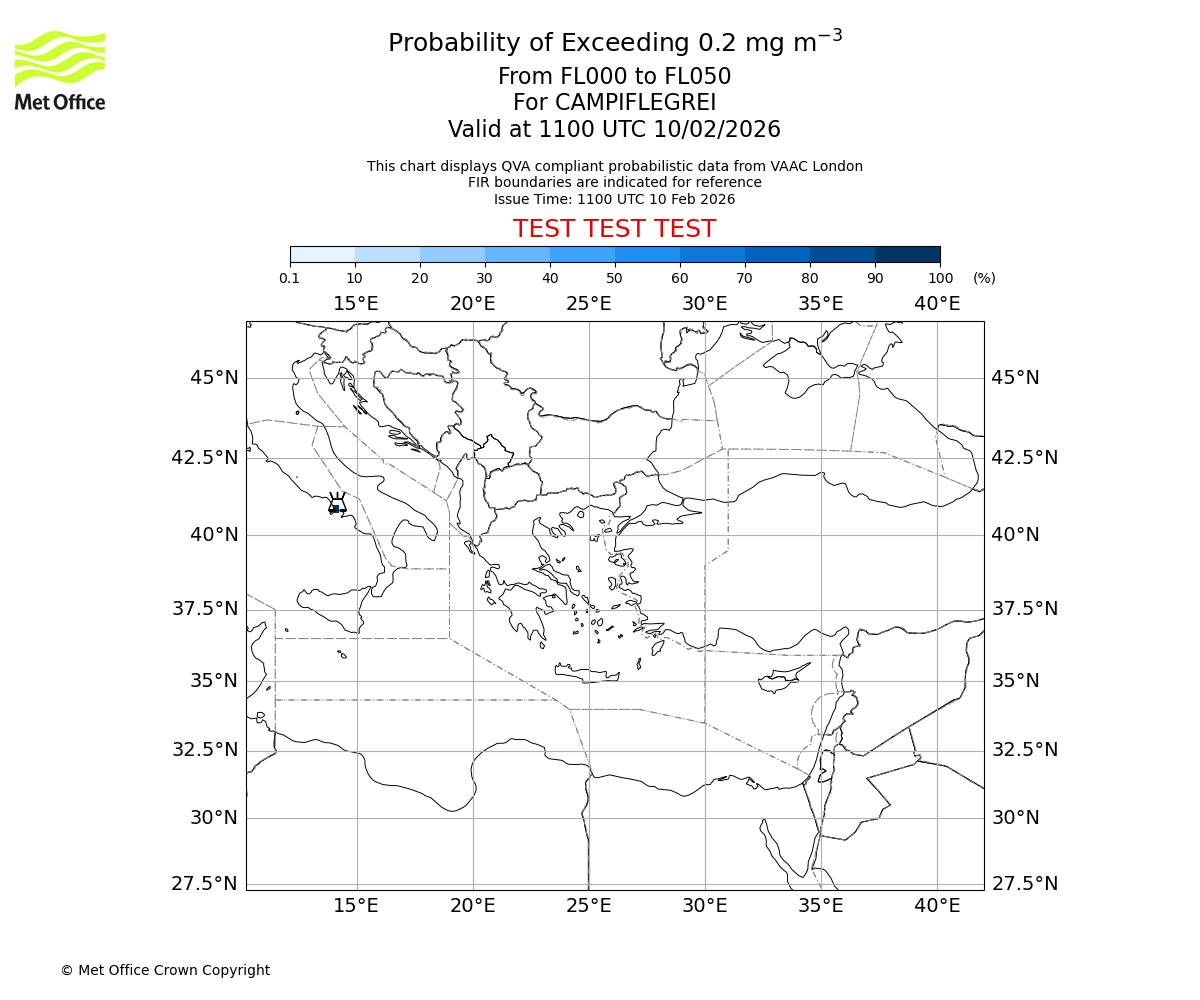 Probability of exceeding 0.2 milligrams per metre cubed. From 000 to 050 for CAMPIFLEGREI. Valid at 1100 UTC 10/02/2026