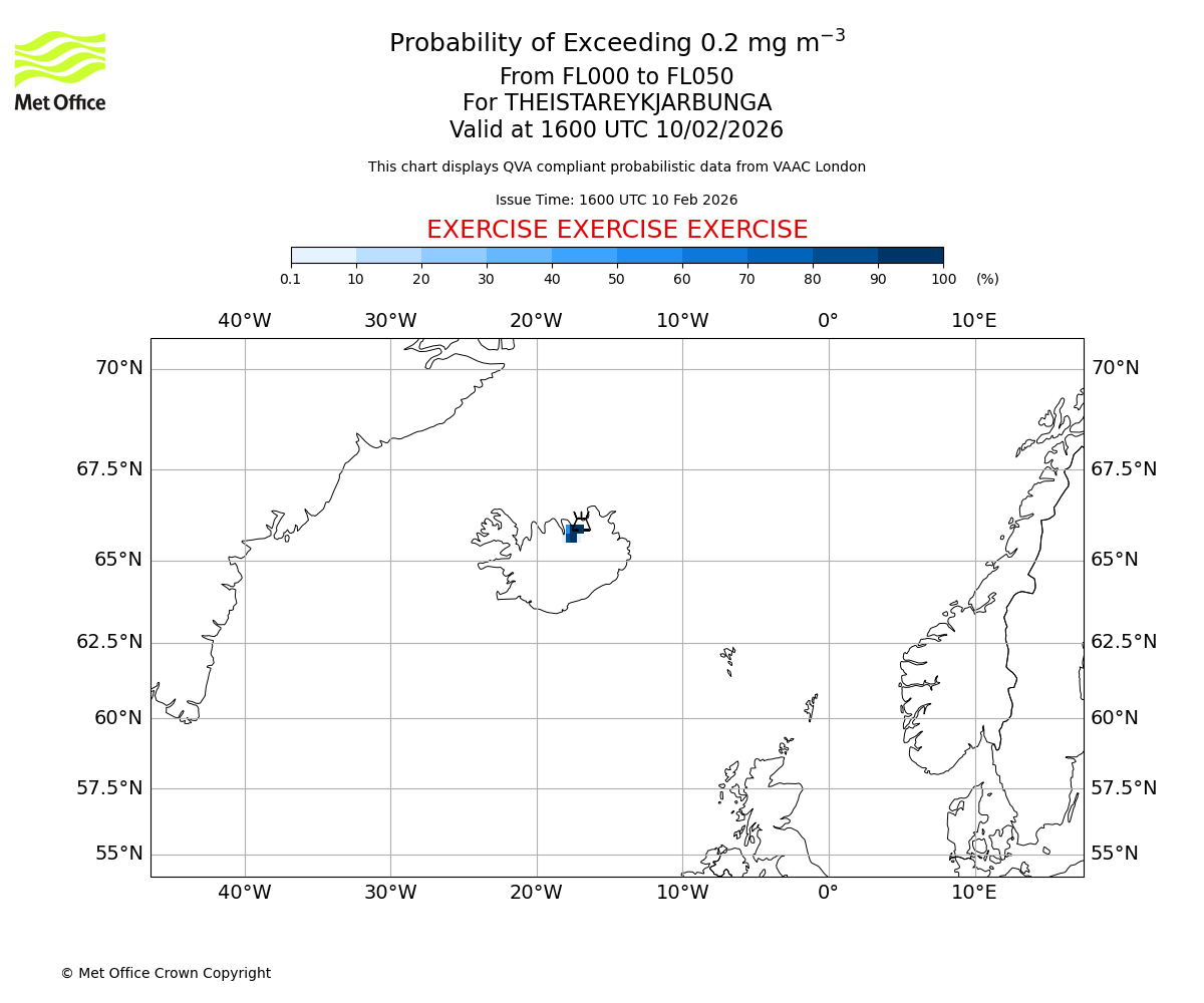 Probability of exceeding 0.2 milligrams per metre cubed. From 000 to 050 for THEISTAREYKJARBUNGA. Valid at 1600 UTC 10/02/2026