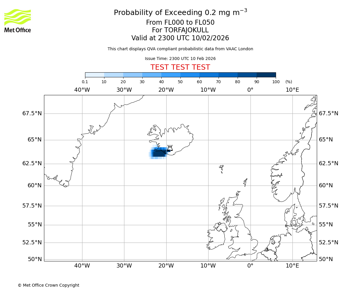 Probability of exceeding 0.2 milligrams per metre cubed. From 000 to 050 for TORFAJOKULL. Valid at 2300 UTC 10/02/2026
