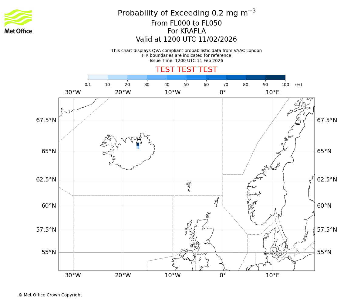 Probability of exceeding 0.2 milligrams per metre cubed. From 000 to 050 for KRAFLA. Valid at 1200 UTC 11/02/2026