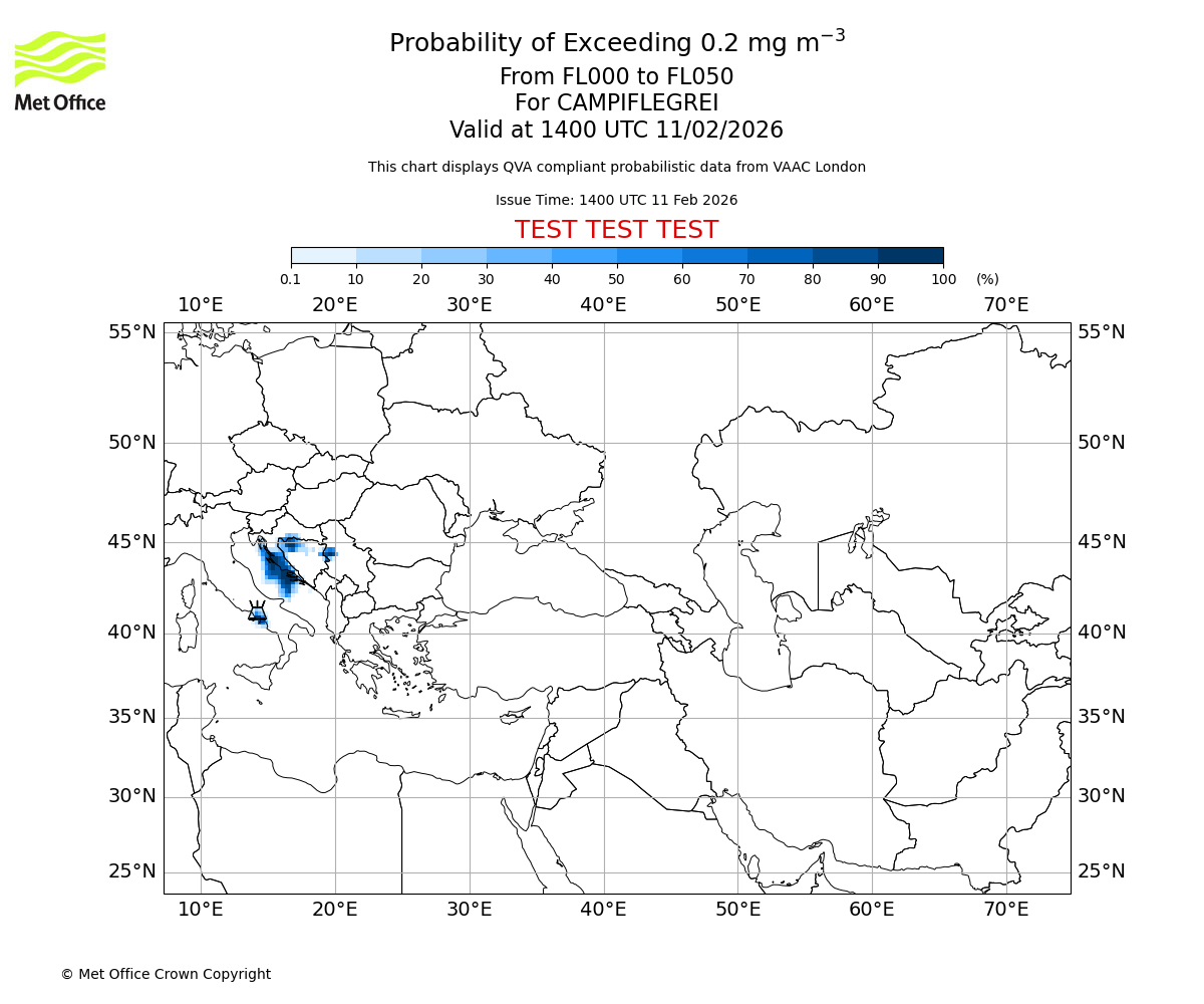 Probability of exceeding 0.2 milligrams per metre cubed. From 000 to 050 for CAMPIFLEGREI. Valid at 1400 UTC 11/02/2026