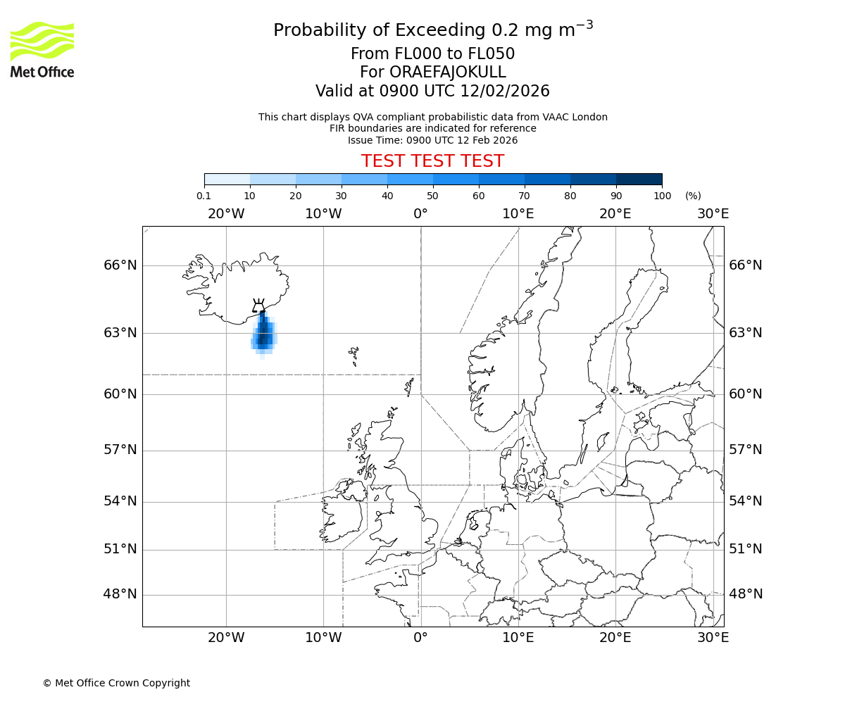 Probability of exceeding 0.2 milligrams per metre cubed. From 000 to 050 for ORAEFAJOKULL. Valid at 0900 UTC 12/02/2026