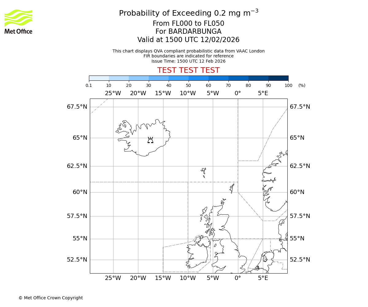 Probability of exceeding 0.2 milligrams per metre cubed. From 000 to 050 for BARDARBUNGA. Valid at 1500 UTC 12/02/2026