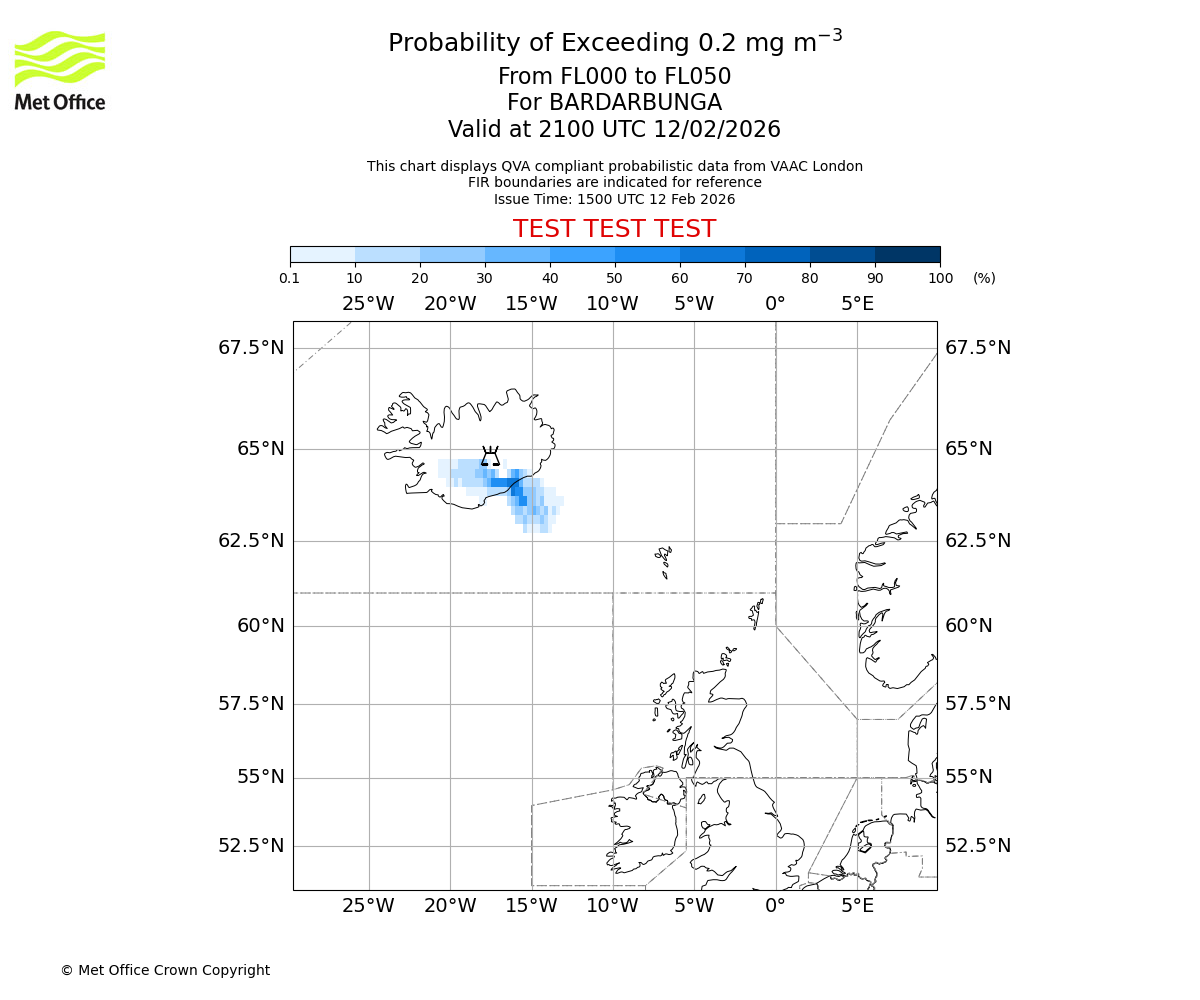 Probability of exceeding 0.2 milligrams per metre cubed. From 000 to 050 for BARDARBUNGA. Valid at 2100 UTC 12/02/2026