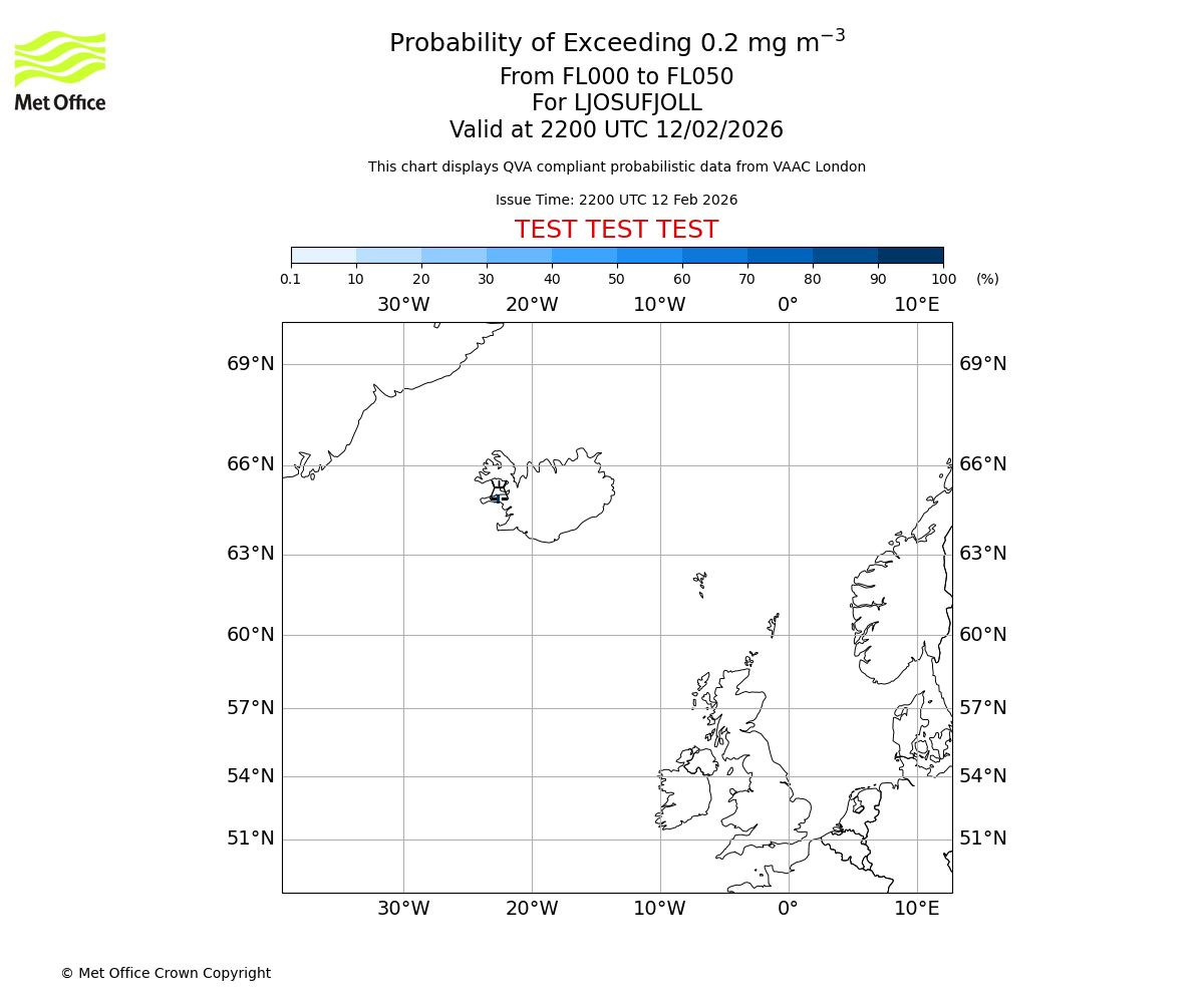 Probability of exceeding 0.2 milligrams per metre cubed. From 000 to 050 for LJOSUFJOLL. Valid at 2200 UTC 12/02/2026