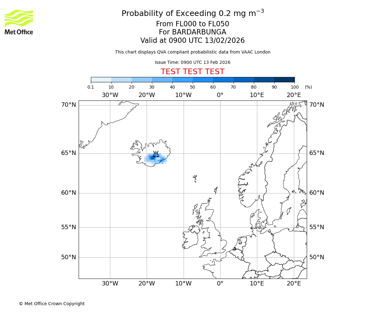 Probability of exceeding 0.2 milligrams per metre cubed. From 000 to 050 for BARDARBUNGA. Valid at 0900 UTC 13/02/2026
