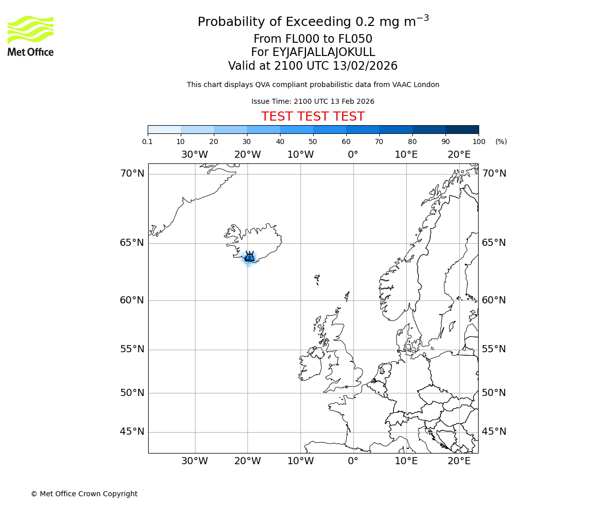 Probability of exceeding 0.2 milligrams per metre cubed. From 000 to 050 for EYJAFJALLAJOKULL. Valid at 2100 UTC 13/02/2026